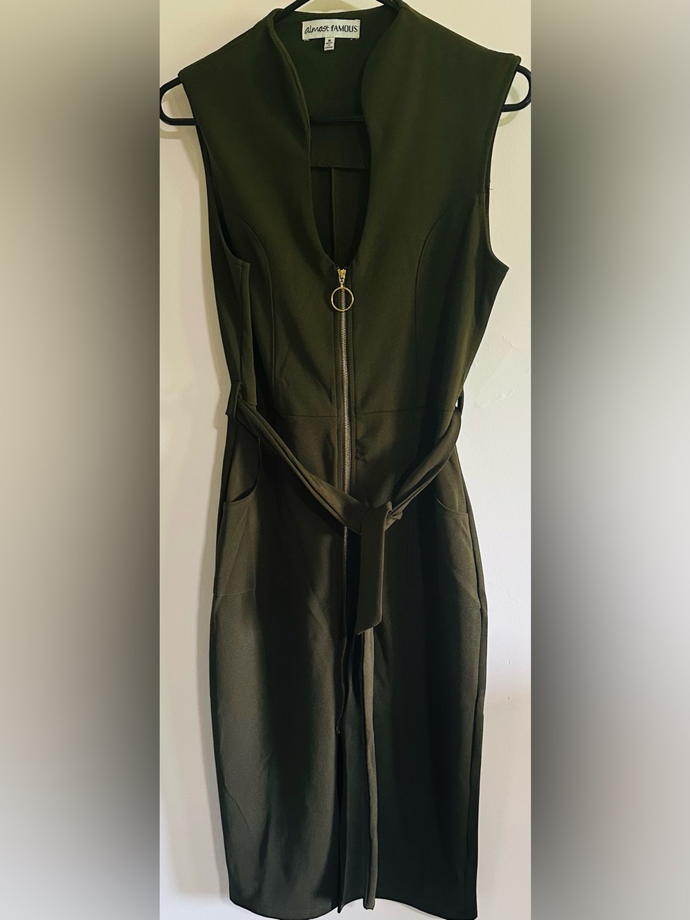 Almost Famous Sleeveless Olive Green Zip-Front midi length dress with Waist Tie